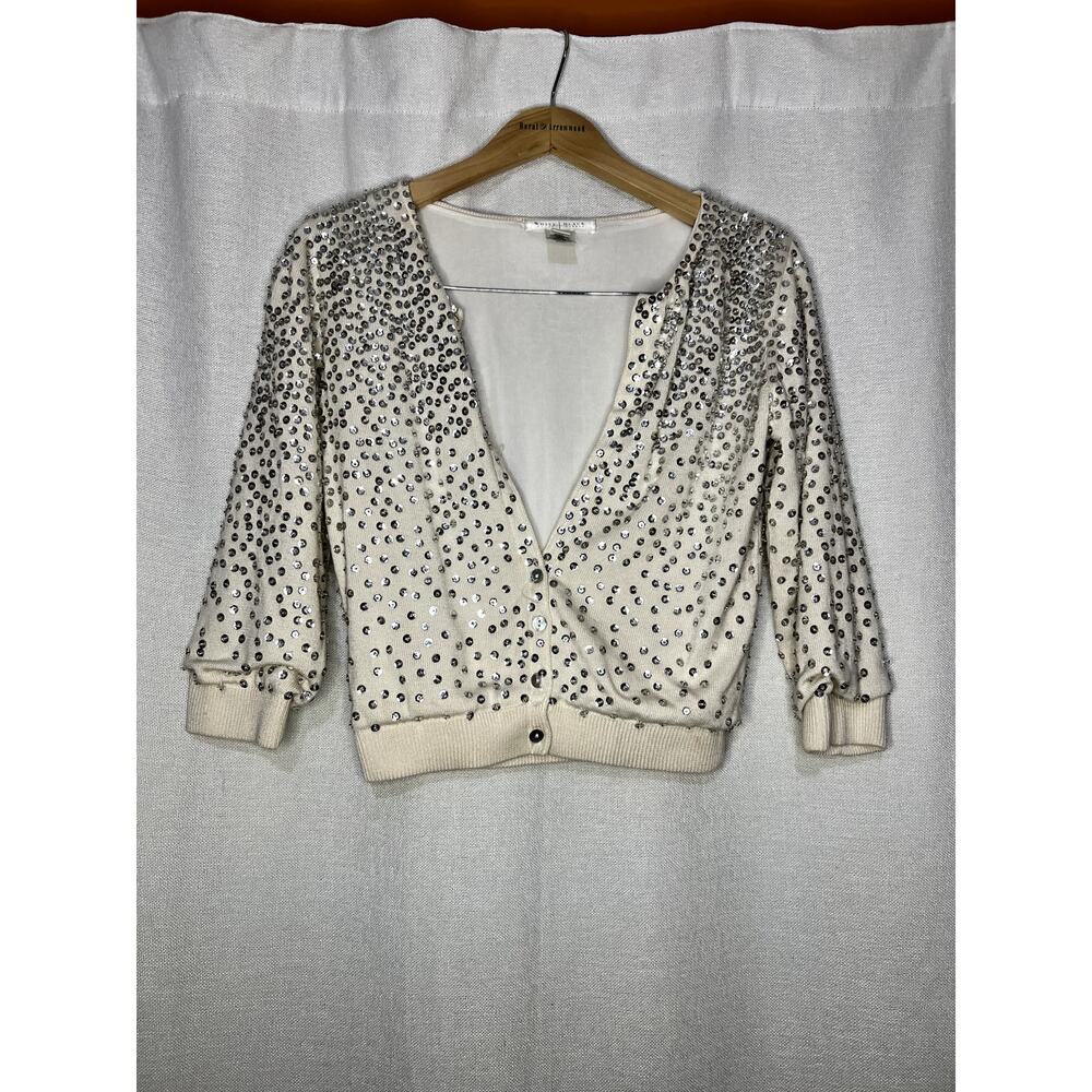 White House Black Market Silk Cashmere Cream Sequined‎ Cropped Cardigan